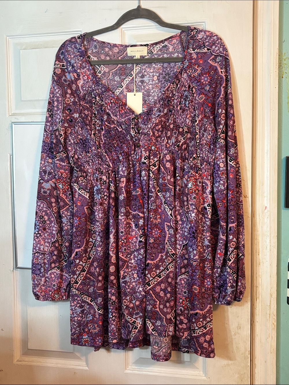 MELLODAY Purple Paisley Smocked Tunic Top Size Large